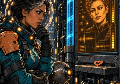 Far Signal episode 2 cover: Mara and Sio face Inez on Relay Nine's amber terminal.