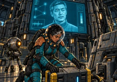 Far Signal: The Cost of Staying Awake. Mara connects the reserve battery beneath Oren's screen.