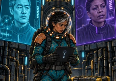 Far Signal: Not Yours to Carry. Mara holds a tablet between Oren's cyan and Vale's violet screens.