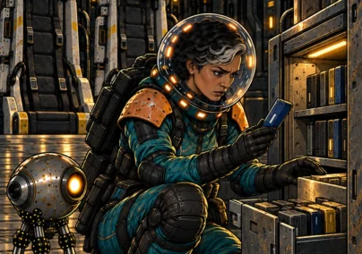 Far Signal: The Missing Minutes. Mara and Sio examine an archive cabinet beside empty evacuation cradles.