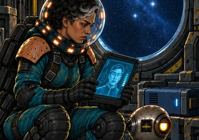 Far Signal Episode 8: Mara holds Oren's screen beside a window of stars, with Sio and the failed survey processor.