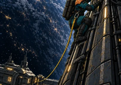 Far Signal Episode 9: Mara climbs the relay antenna hull on a yellow tether above the docked ship.