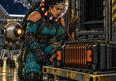 Far Signal Episode 10: Mara holds a severed connector beside the removed copper-finned converter and an empty ship rack; Sio watches.