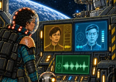 Far Signal Episode 11, Nobody's Salvage: Mara and Sio face the halted salvage tug beside the occupied relay.