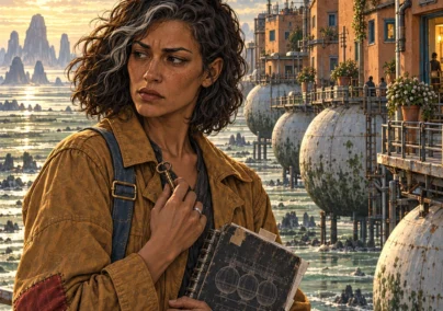 The Houses We Carry. Mara holds a brass key and a worn engineering notebook beside terracotta houses resting on white ceramic foundations above jade tidal flats.