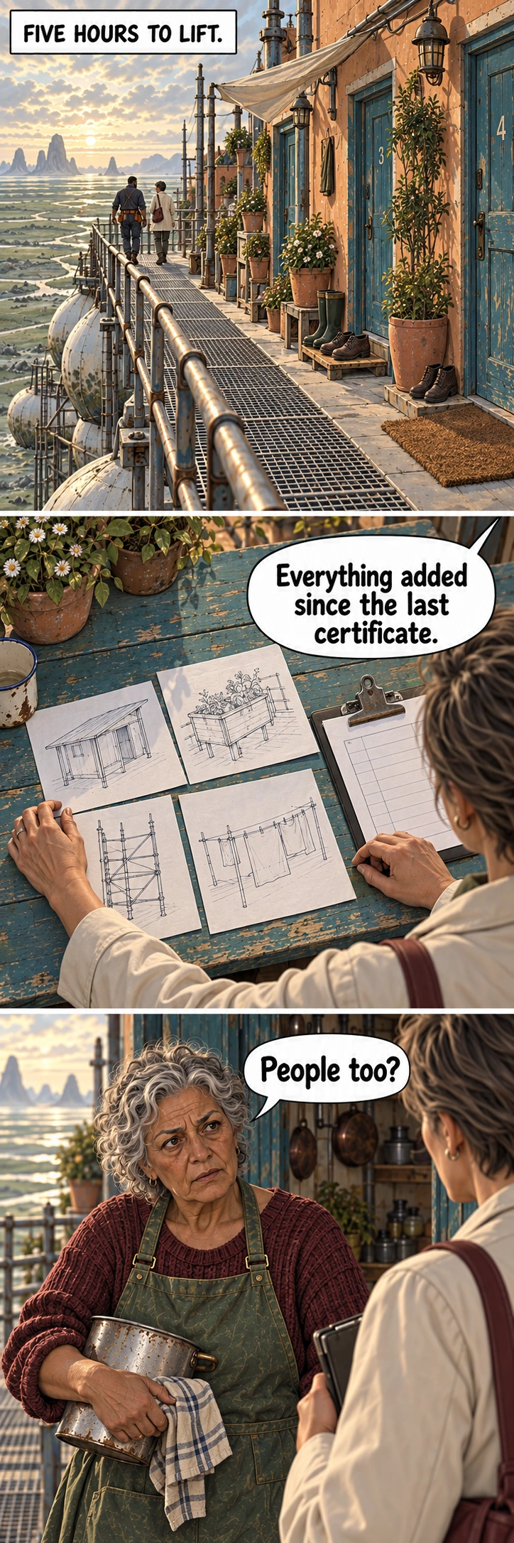 Three Borrowed Rooms, sequence 1: household inspections begin on the terrace.