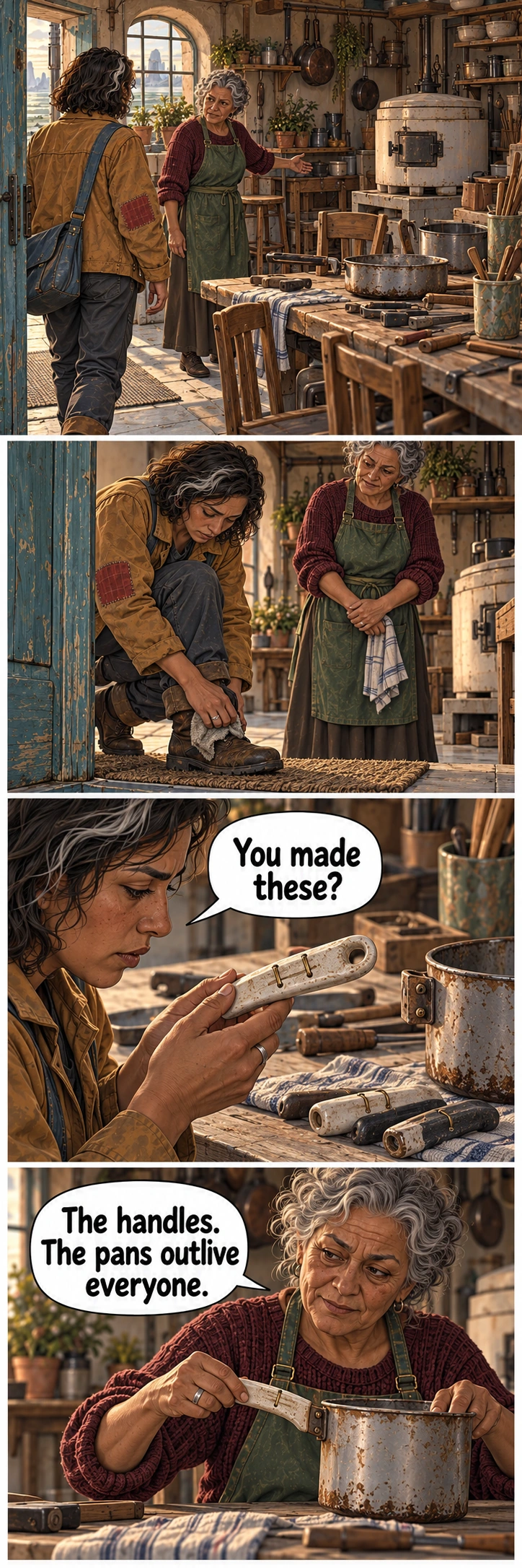 Three Borrowed Rooms, sequence 4: Edda shows her repaired saucepan handles.