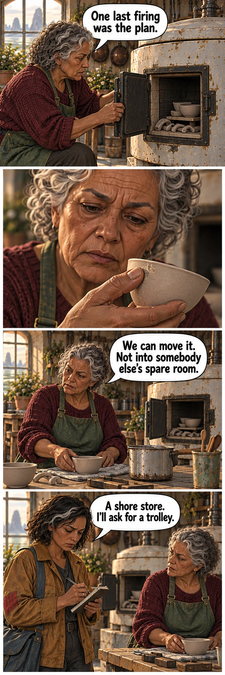 Three Borrowed Rooms, sequence 6: Edda opens the cold kiln and discusses moving it.