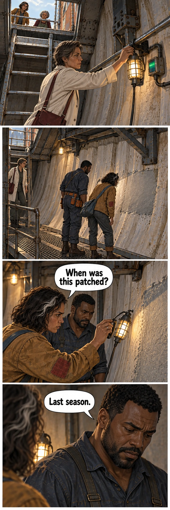 Three Borrowed Rooms, sequence 13: the adults inspect a patched caisson wall.