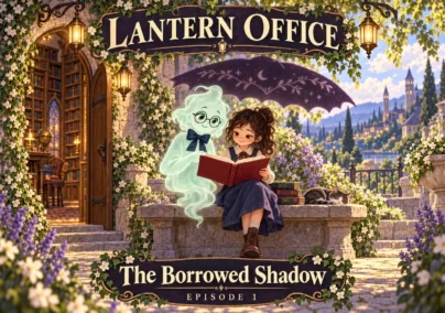Lantern Office — Episode 1: The Borrowed Shadow. The ghost and a child share a book beneath a magical parasol-shaped shadow.