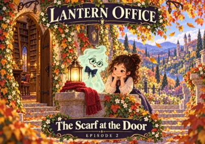 Lantern Office — Episode 2: The Scarf at the Door. A red scarf wraps the lantern’s base while the ghost warms its hands.