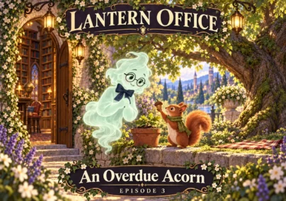 Lantern Office — Episode 3: An Overdue Acorn. A squirrel offers the ghost an acorn beside the library oak.