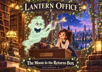 Lantern Office — Episode 4: The Moon in the Returns Box. A crescent moon floats from the ghost’s jar towards the night sky.
