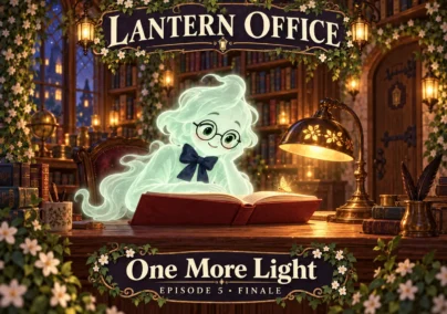 Lantern Office — Episode 5: One More Light. The ghost shares an open book with a tiny golden moth.