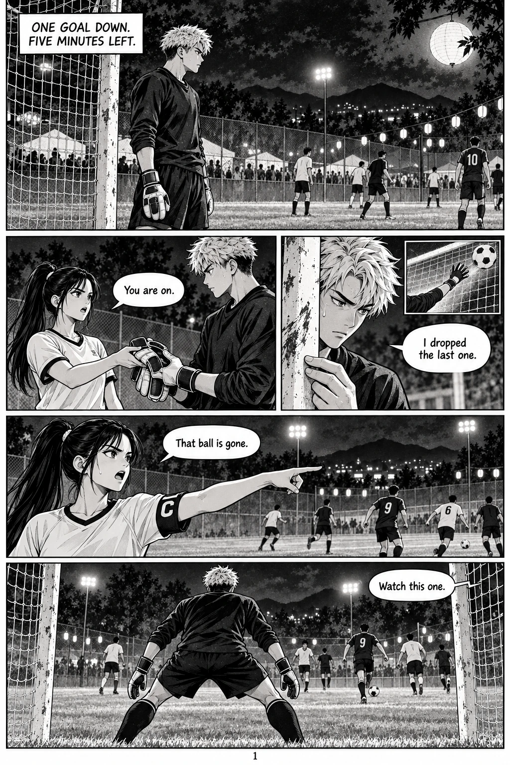 Paper Moon Goalkeeper, chapter 1, page 1. Full dialogue and description in the transcript.