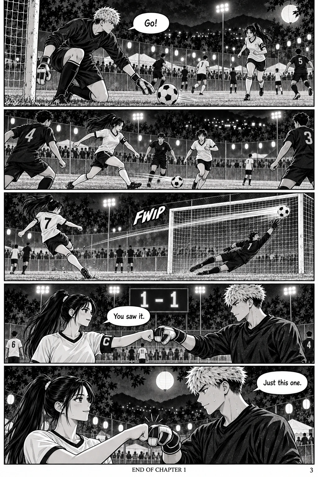 Paper Moon Goalkeeper, chapter 1, page 3. Full dialogue and description in the transcript.