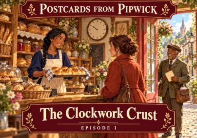 Postcards from Pipwick — Episode 1: The Clockwork Crust. Nell presents warm bread beneath a stopped bakery clock.