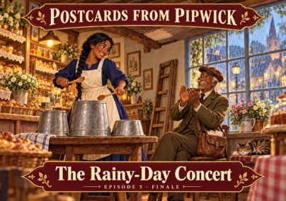 Postcards from Pipwick — Episode 5: The Rainy-Day Concert. Tailored episode cover.