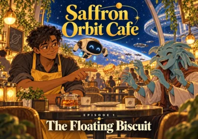Saffron Orbit Cafe — Episode 1: The Floating Biscuit. Tailored episode cover.