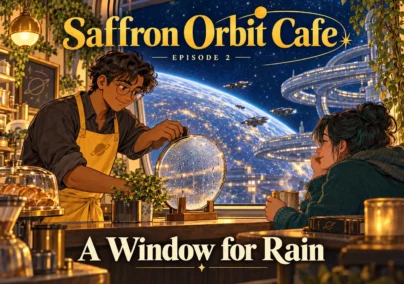 Saffron Orbit Cafe — Episode 2: A Window for Rain. Tailored episode cover.