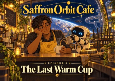Saffron Orbit Cafe — Episode 5: The Last Warm Cup. Tailored episode cover.