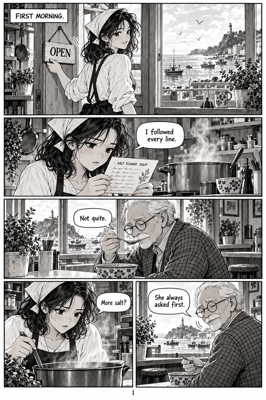 Saltflower Kitchen, chapter 1, page 1. Full dialogue and description in the transcript.
