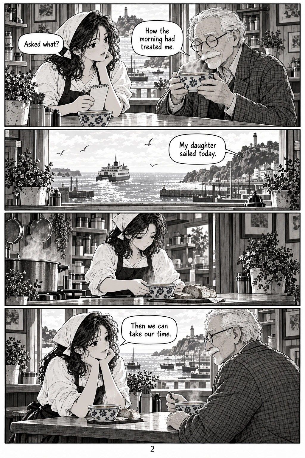 Saltflower Kitchen, chapter 1, page 2. Full dialogue and description in the transcript.