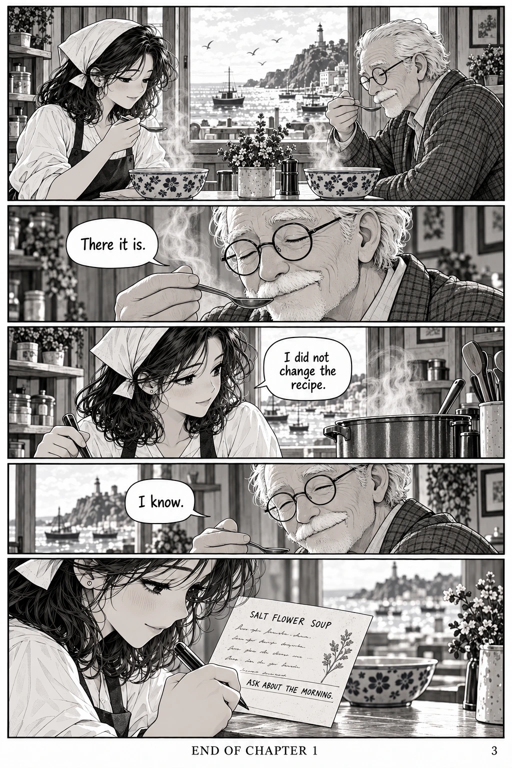 Saltflower Kitchen, chapter 1, page 3. Full dialogue and description in the transcript.