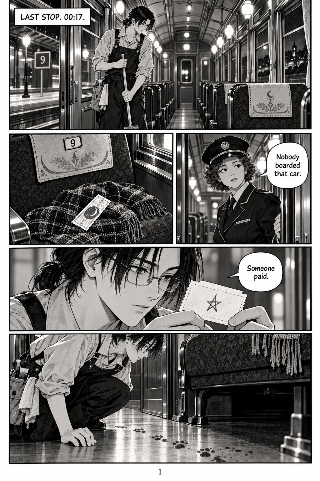 The Ninth Seat, chapter 1, page 1. Full dialogue and description in the transcript.