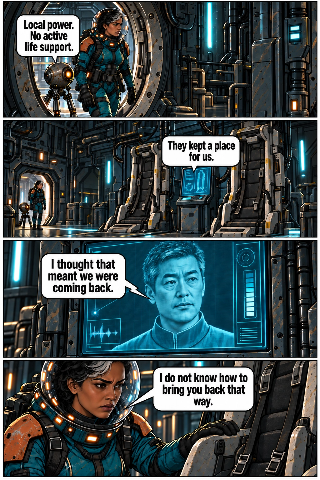 Mara meets Oren beside two empty evacuation cradles. Full dialogue and scene descriptions are in the transcript below.