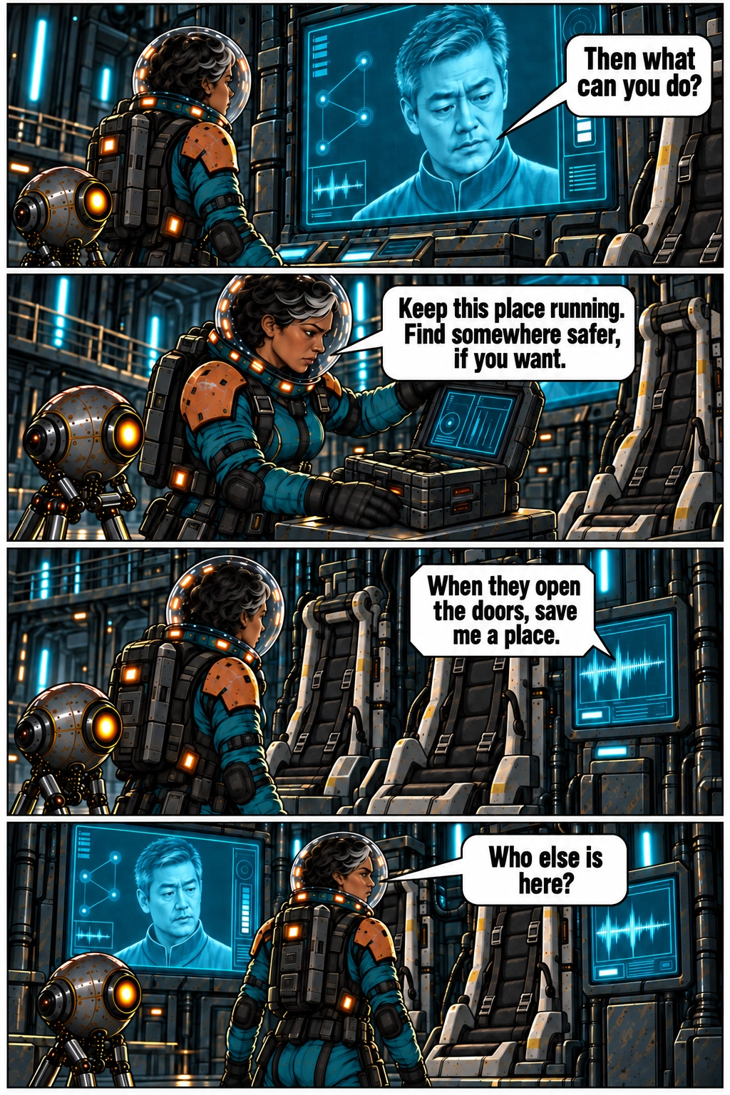A recorded farewell plays beside the living resident. Full dialogue and scene descriptions are in the transcript below.