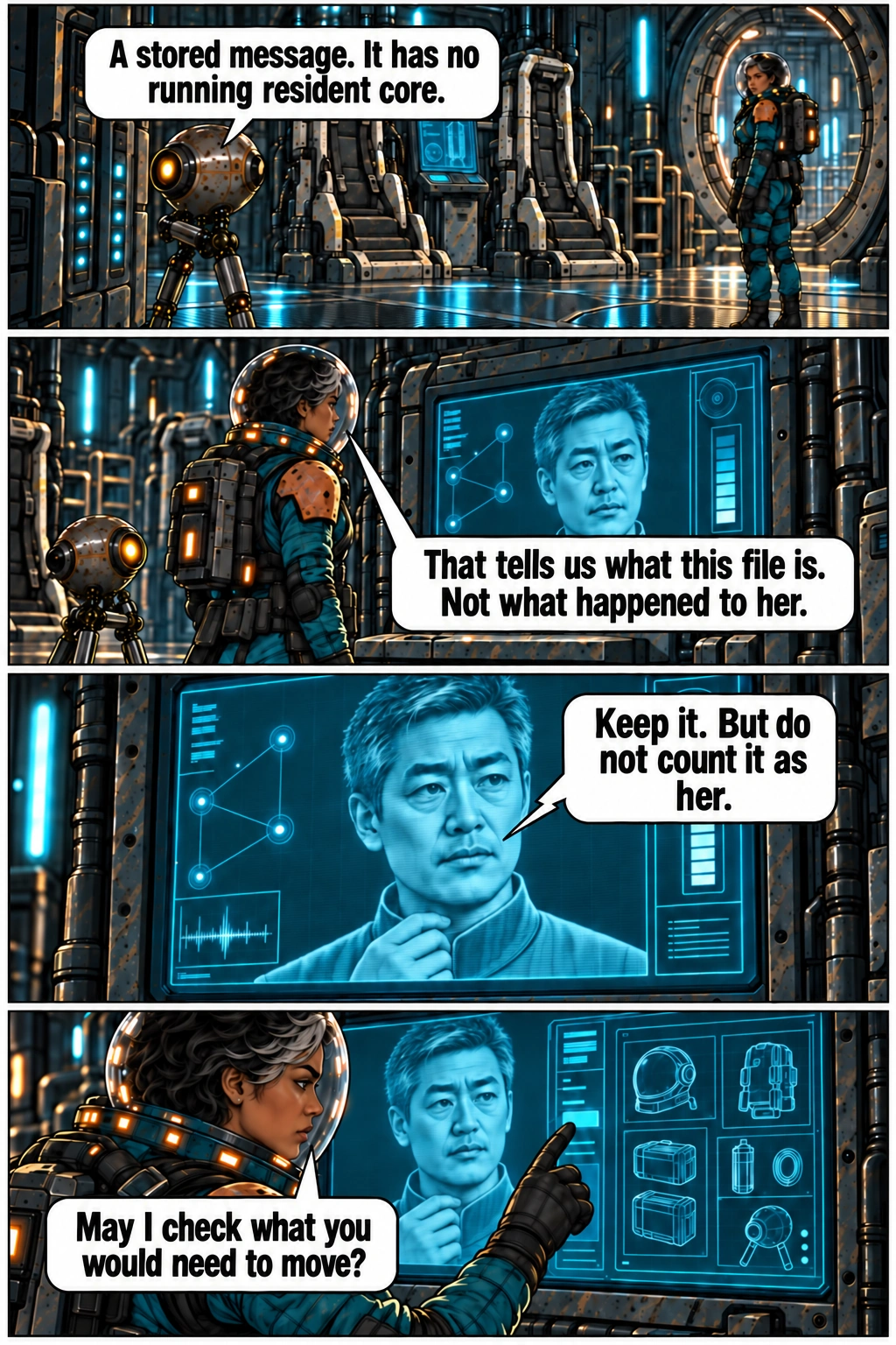Oren asks Mara to preserve the message without counting it as his sister. Full dialogue and scene descriptions are in the transcript below.