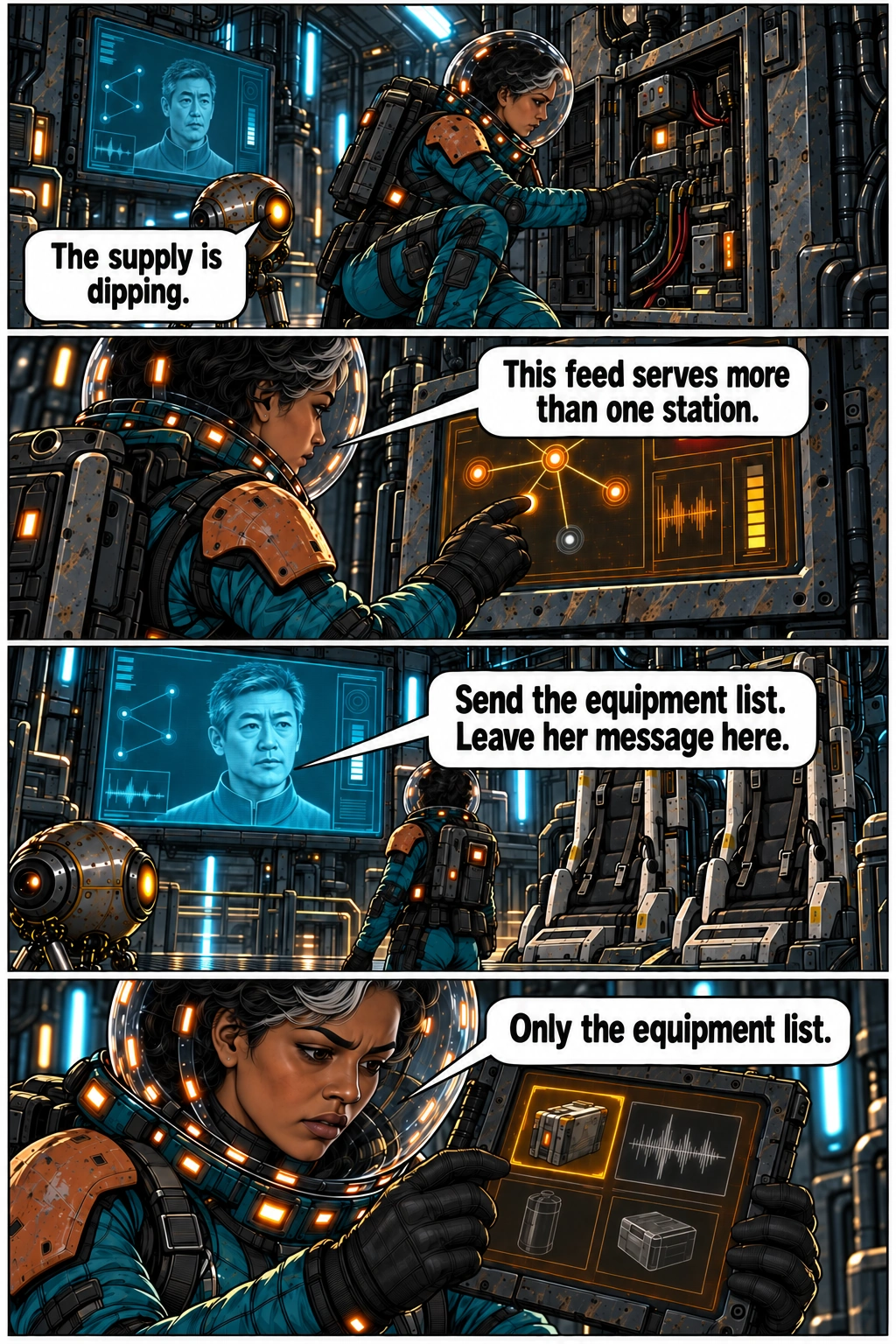 A power warning interrupts the equipment inventory. Full dialogue and scene descriptions are in the transcript below.