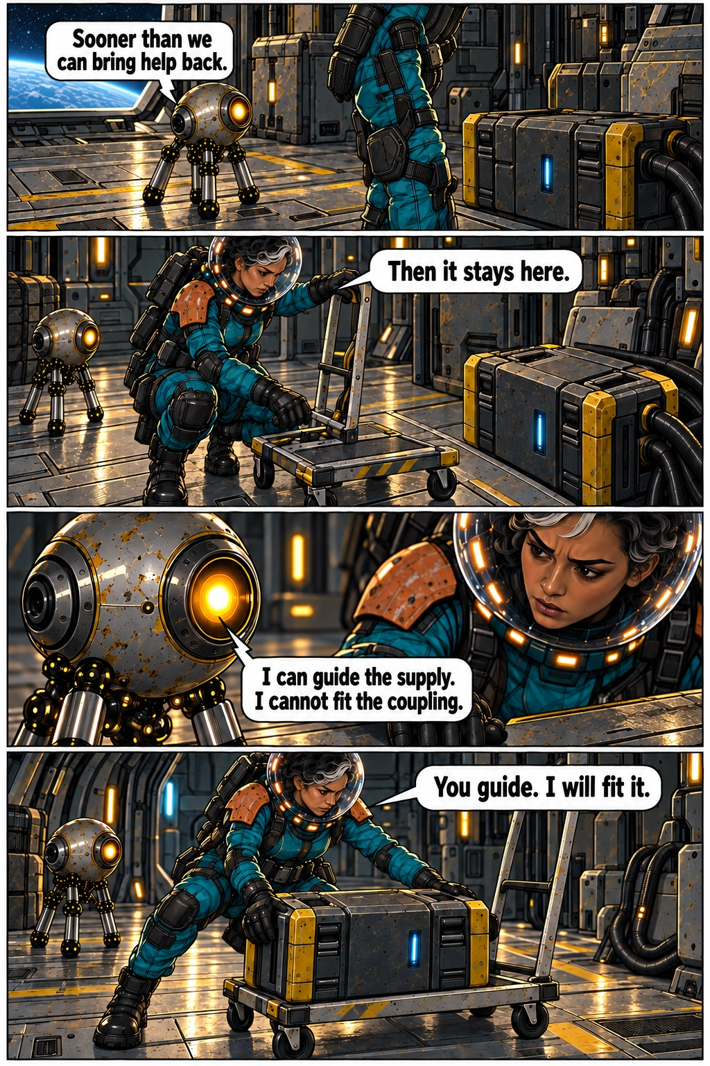 Mara moves the heavy reserve battery onto a trolley. Full dialogue and scene descriptions are in the transcript below.