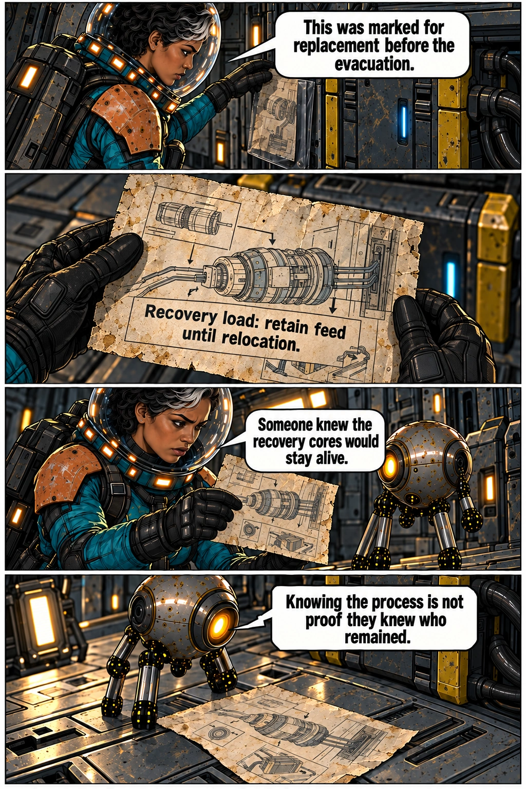 An old maintenance notice acknowledges a continuing recovery load. Full dialogue and scene descriptions are in the transcript below.