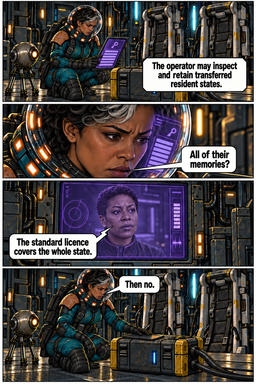 The facility terms permit access to residents' private states. Full dialogue and scene descriptions are in the transcript below.