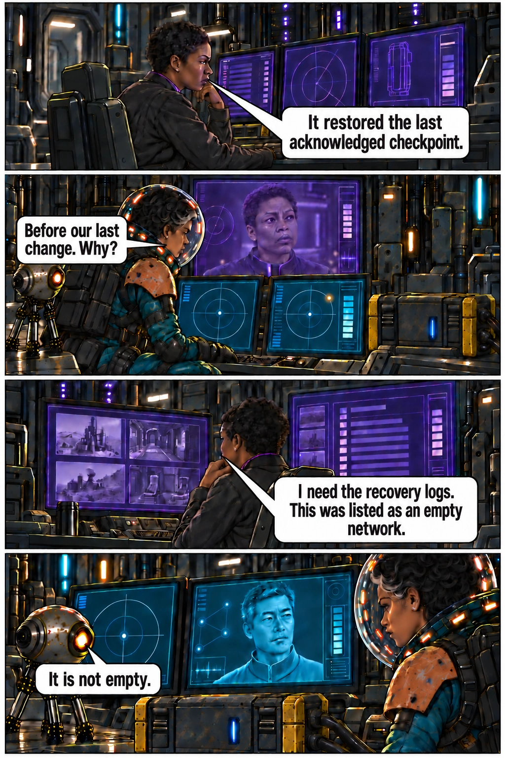 Vale traces the checkpoint and questions the empty-network report. Full dialogue and scene descriptions are in the transcript below.