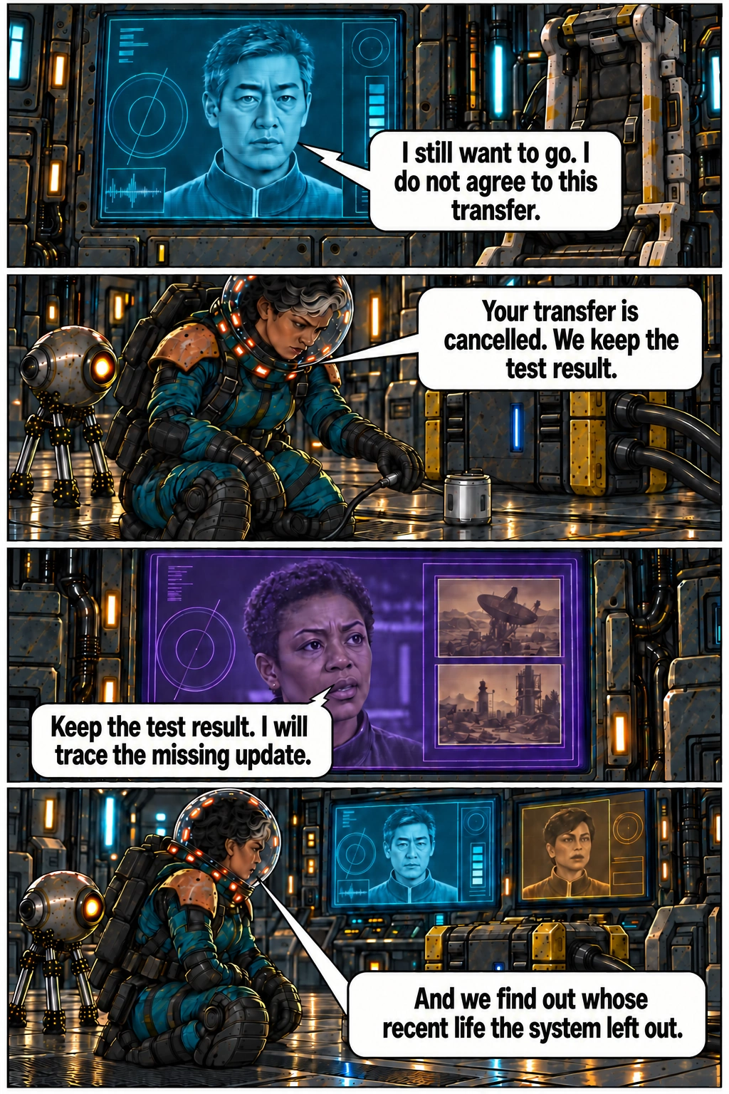 Oren declines this transfer while Vale begins tracing the missing update. Full dialogue and scene descriptions are in the transcript below.