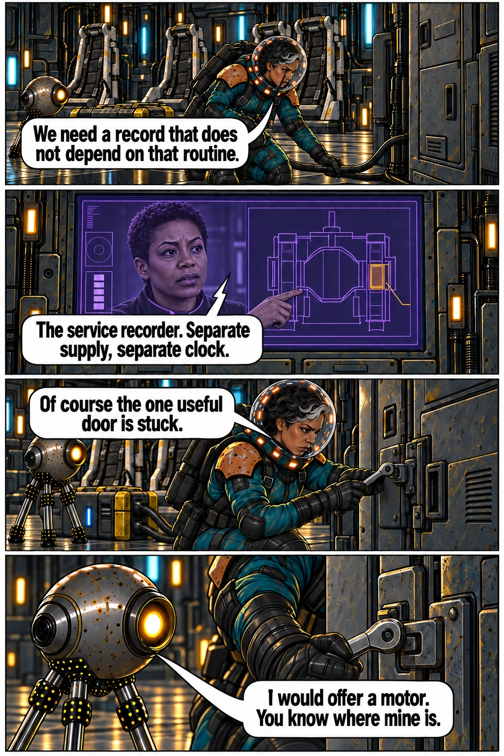 Mara opens an independent service recorder by hand. Full dialogue and scene descriptions are in the transcript below.