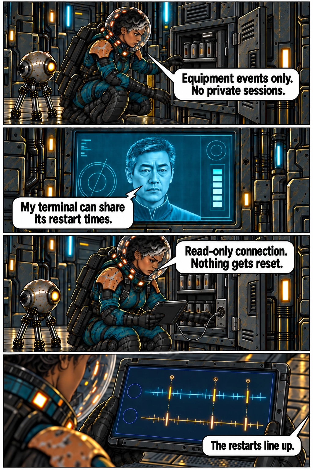 Equipment records confirm repeated restarts. Full dialogue and scene descriptions are in the transcript below.