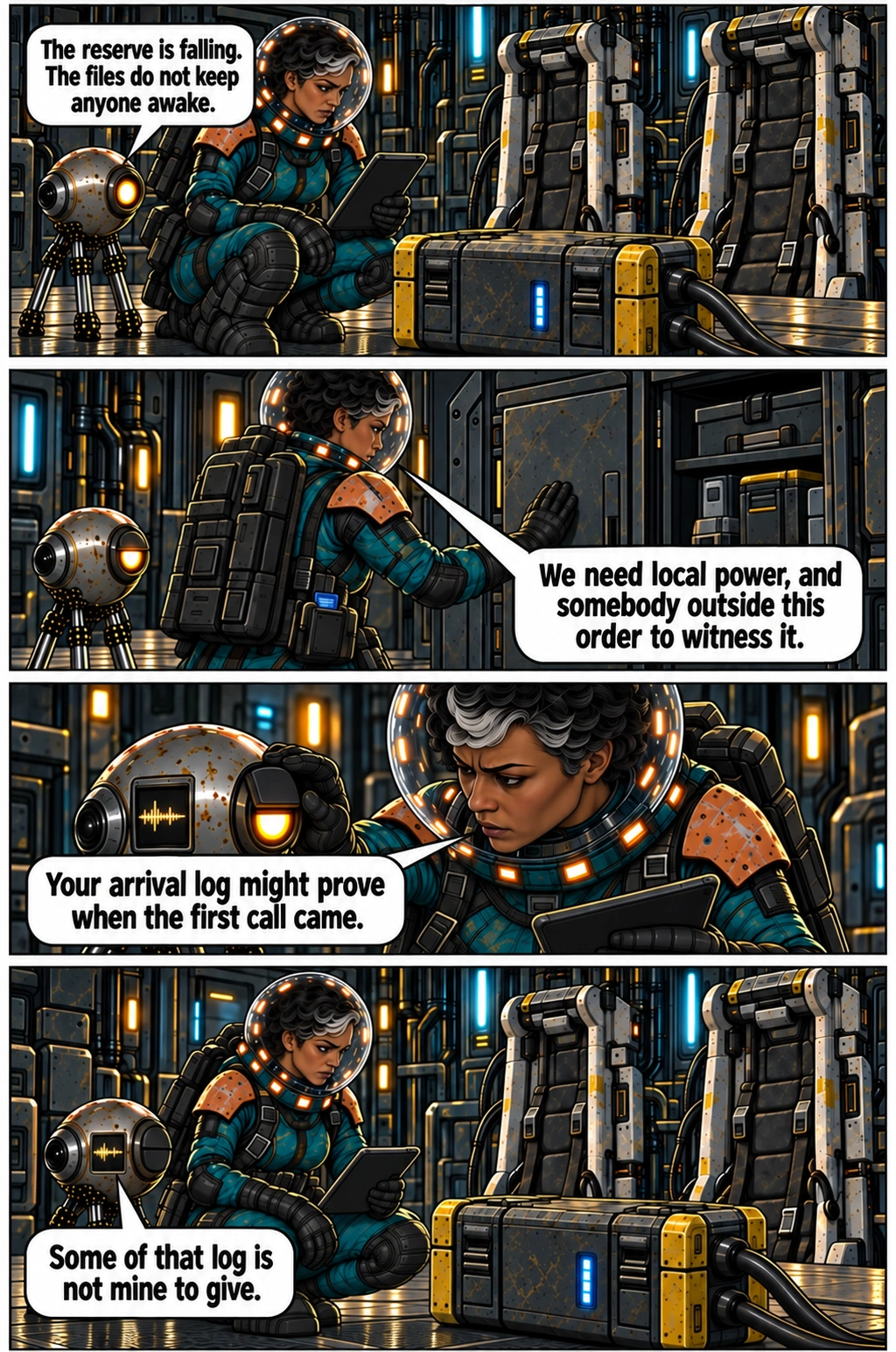 The falling reserve makes outside witnesses urgent, but Sio protects a private log. Full dialogue and scene descriptions are in the transcript below.