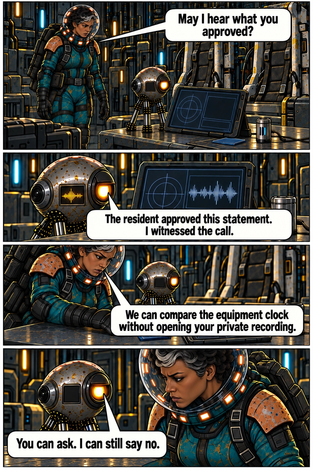 Mara and Sio keep the testimony separate from private recordings. Full dialogue and scene descriptions are in the transcript below.