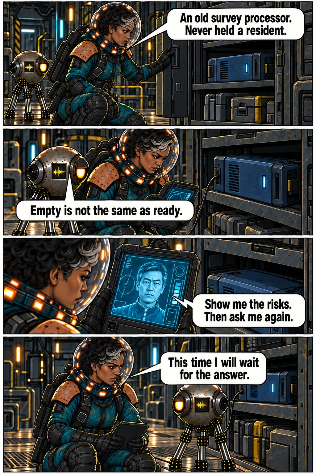 An empty survey processor becomes a possible destination requiring further tests. Full dialogue and scene descriptions are in the transcript below.