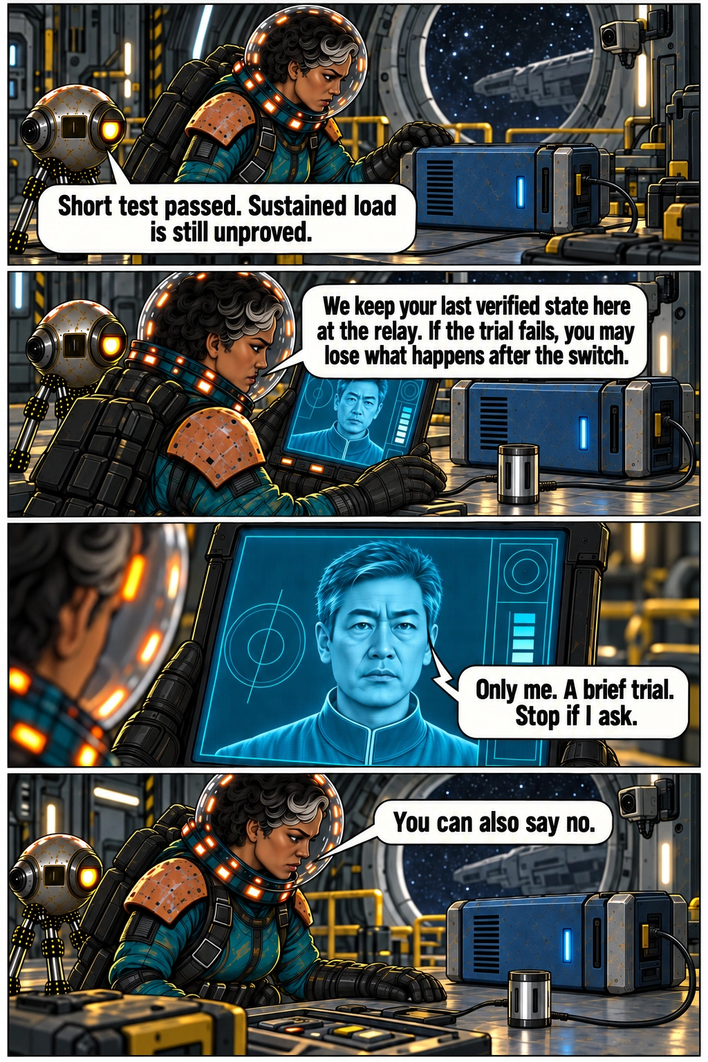 Mara explains a limited trial and its risk to Oren. Full dialogue and scene descriptions are in the transcript below.