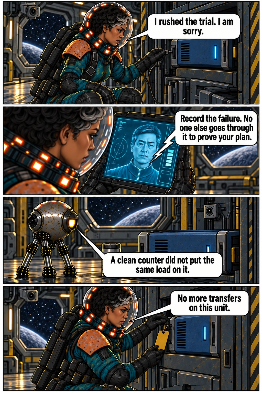 Mara records the failure and removes the survey processor from transfer use. Full dialogue and scene descriptions are in the transcript below.