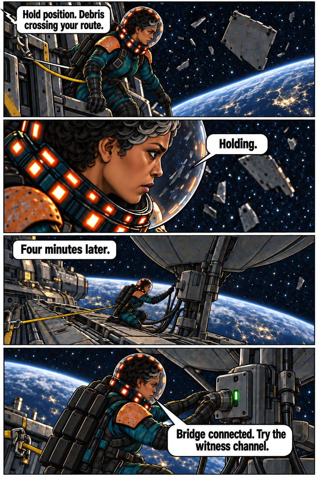 Mara waits for debris and connects the exterior antenna bridge. Full dialogue and scene descriptions are in the transcript below.