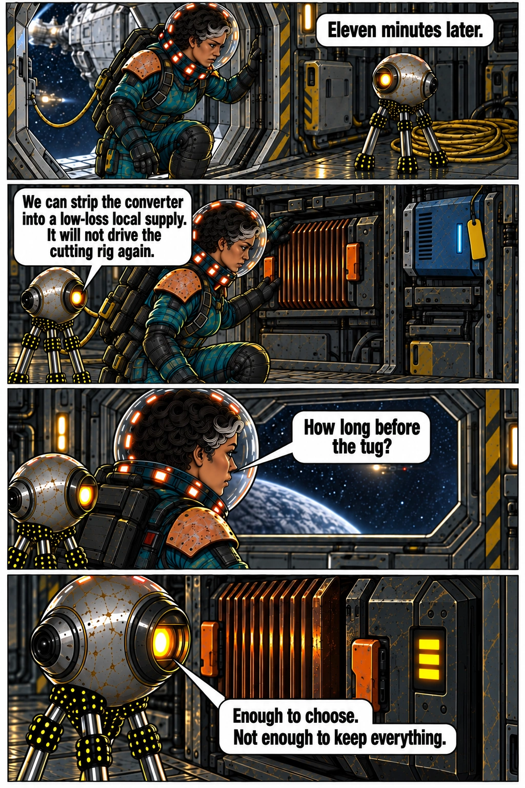 Mara returns to a choice between the witness channel and her salvage equipment. Full dialogue and scene descriptions are in the transcript below.