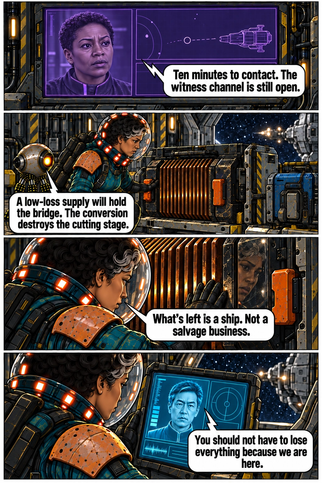 Mara faces the permanent cost of converting her salvage equipment. Full dialogue and scene descriptions are in the transcript below.