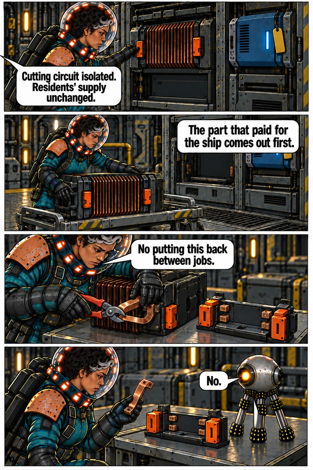 Mara removes and irreversibly alters the isolated cutting stage. Full dialogue and scene descriptions are in the transcript below.