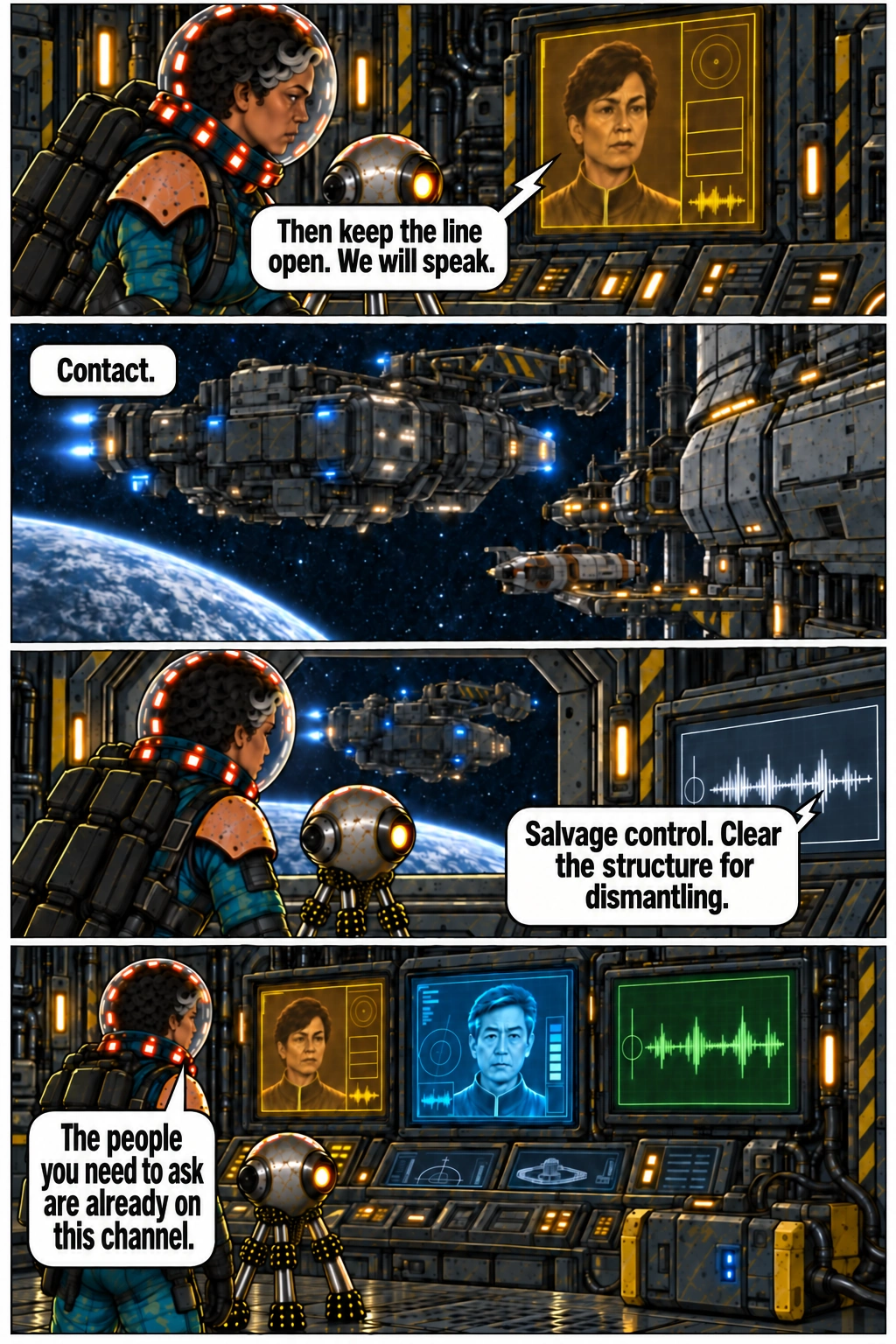 The dismantling tug arrives and Mara gives the residents the channel. Full dialogue and scene descriptions are in the transcript below.